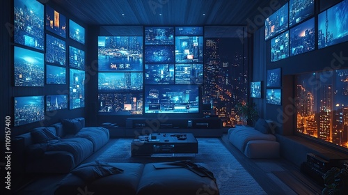 Futuristic apartment living room with large screens displaying cityscapes at night.