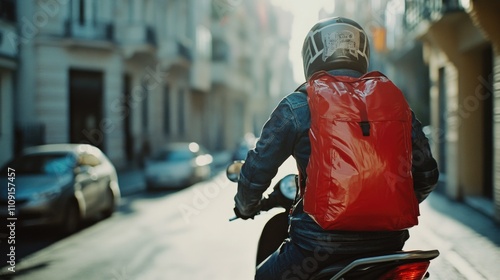 A person rides a motorcycle down a busy urban street