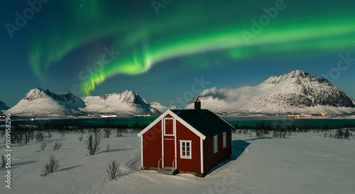 A traditional Norwegian wooden cabin surrounded by snowy mountains and auroras photo