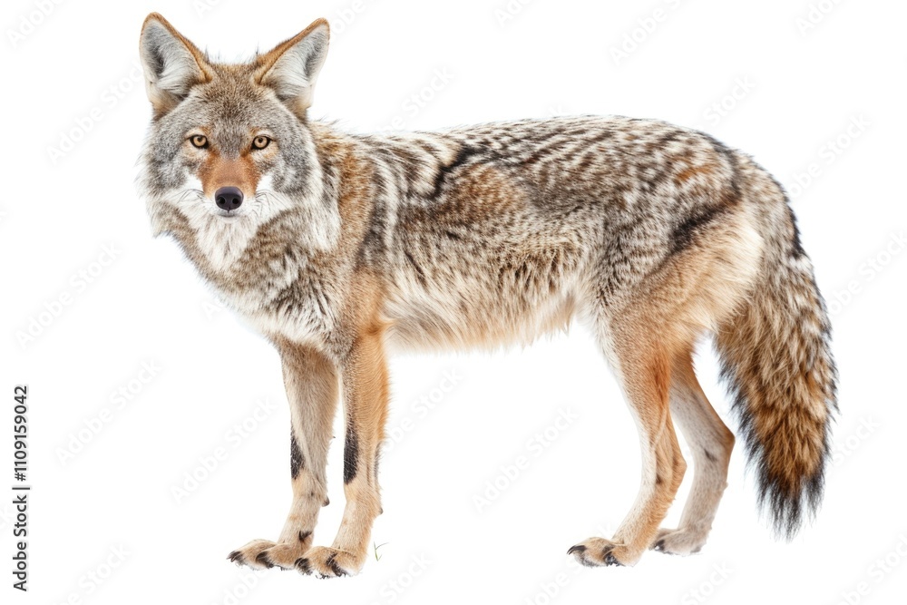 Fototapeta premium A coyote stands in snowy terrain looking directly at the camera