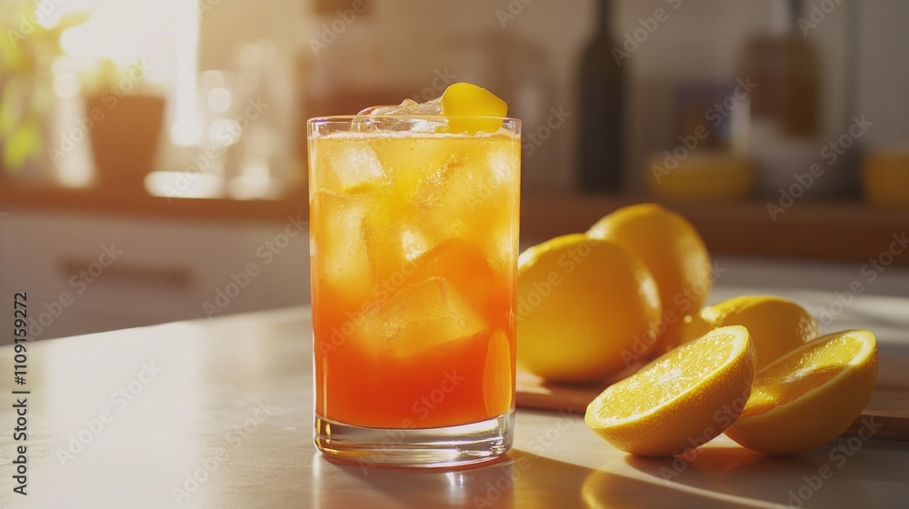 Refreshing Orange Drink with Ice Cubes and Slices Refreshing Orange Drink with Ice Cubes and Slices