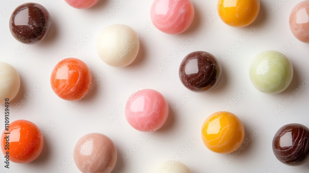 Vibrant and tempting visual of colorful round candies arranged on a white background Vibrant and tempting visual of colorful round candies arranged on a white background
