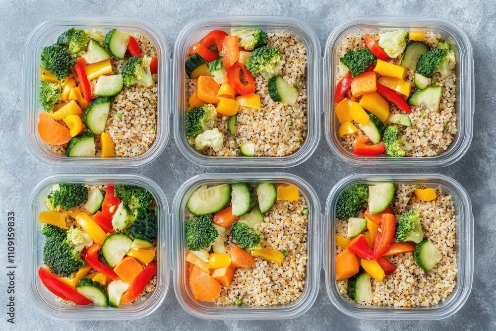 Four plastic containers filled with various foods Four plastic containers filled with various foods