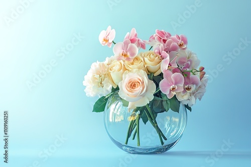 A vase filled with pink and white flowers sits on a blue table