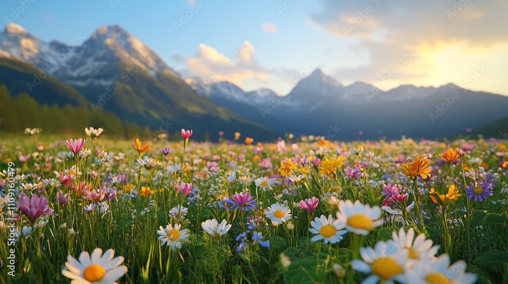 Obraz premium Vibrant wildflowers bloom in a mountain meadow at sunset.