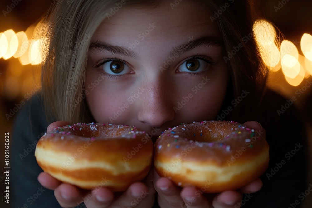 A woman holds two doughnuts in front of her face, enjoying a sweet treat