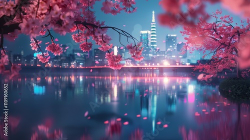 A serene cityscape at night with cherry blossoms, a river reflecting city lights, and a prominent illuminated tower in the background.