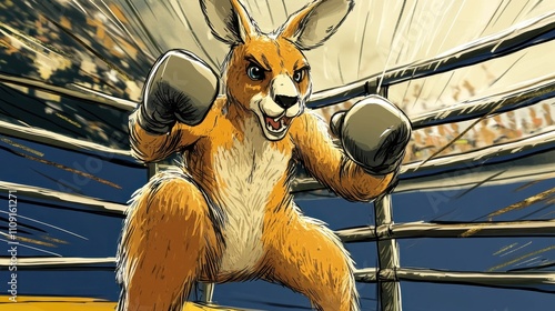 Energetic cartoon kangaroo in a boxing ring, fists raised and ready for a match, with motion lines adding excitement photo