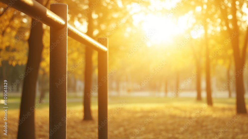 Fototapeta premium Peaceful autumn park with fitness bars glowing in warm sunlight, surrounded by colorful trees. Ideal spot for exercise and wellness