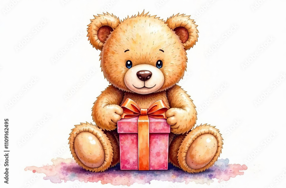 Fototapeta premium Teddy bear with a gift box in its paws