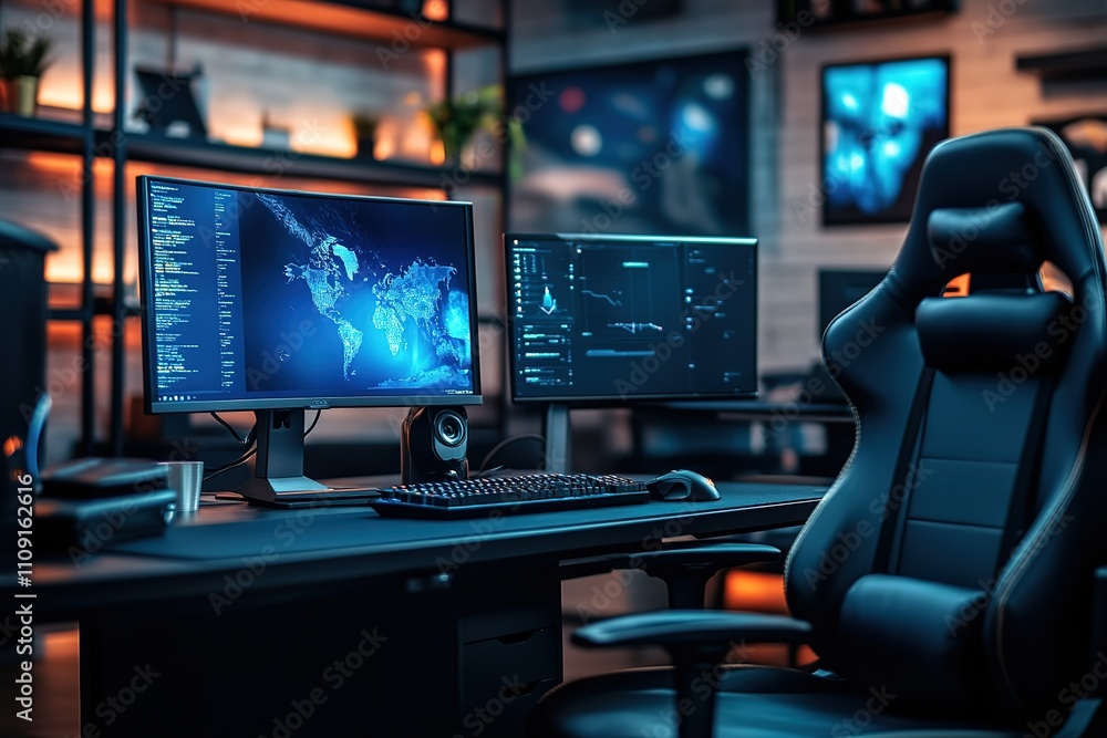 Naklejka premium A computer desk with two monitors and a black chair