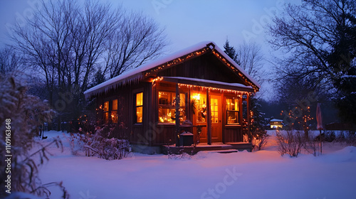 A charming wooden cabin adorned with festive lights, surrounded by a snow-covered landscape, creating a warm atmosphere during a cold winter evening.