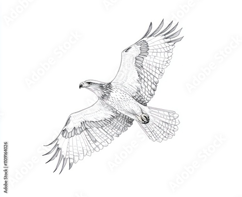 Detailed pencil sketch of a soaring hawk in flight, isolated on white. photo