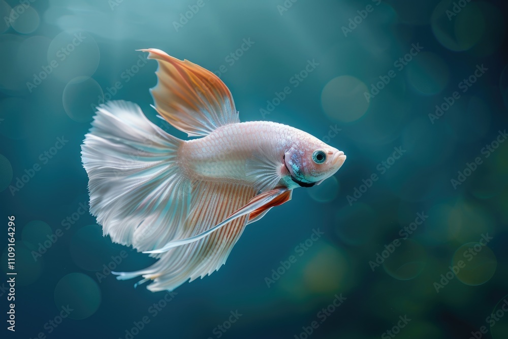 Fototapeta premium A white fish with vibrant orange fins swimming in calm water, suitable for aquatic or nature-inspired designs