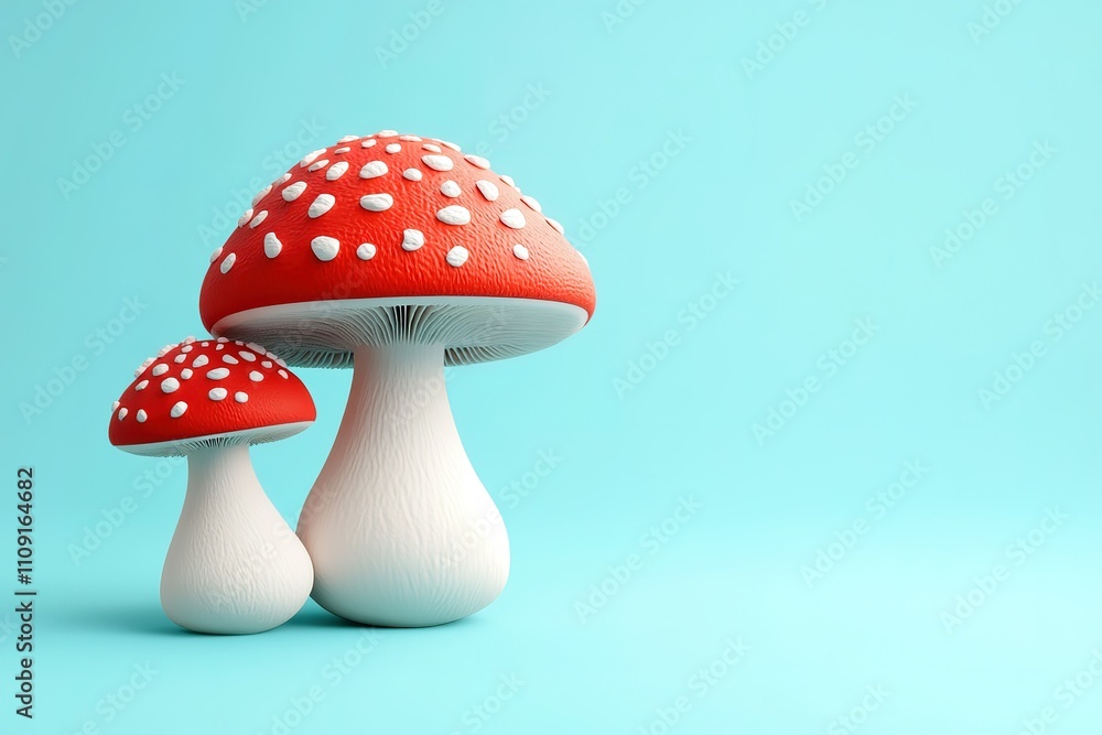Two red and white mushrooms are standing next to each other on a blue background Two red and white mushrooms are standing next to each other on a blue background