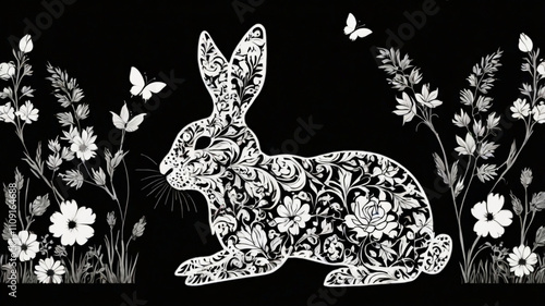 floral decorative stencil cute rabbit silhouette sublimation black bunny 2d flat vector illustration