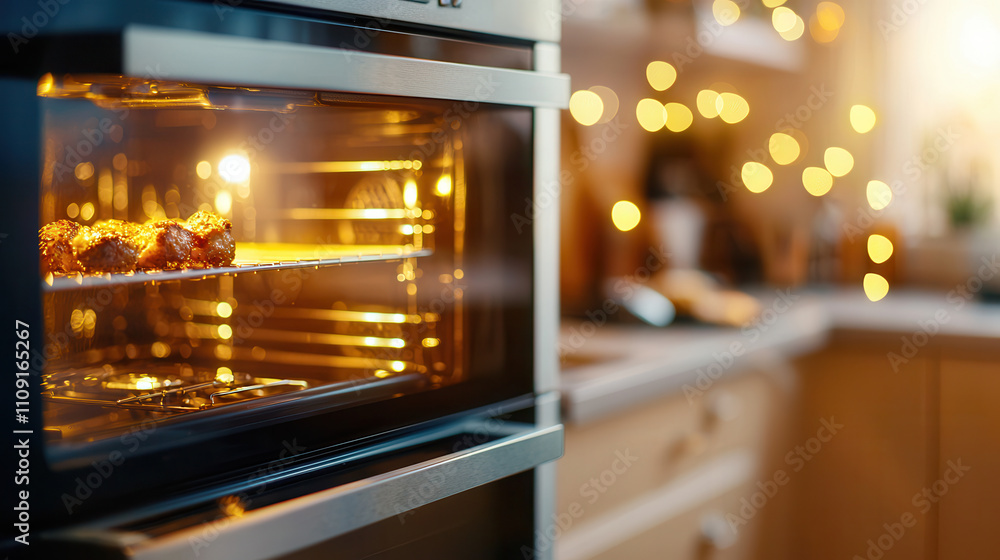 sleek beige oven with golden hour light reflecting, showcasing delicious food inside. warm ambiance of kitchen adds cozy touch to scene sleek beige oven with golden hour light reflecting, showcasing delicious food inside. warm ambiance of kitchen adds cozy touch to scene