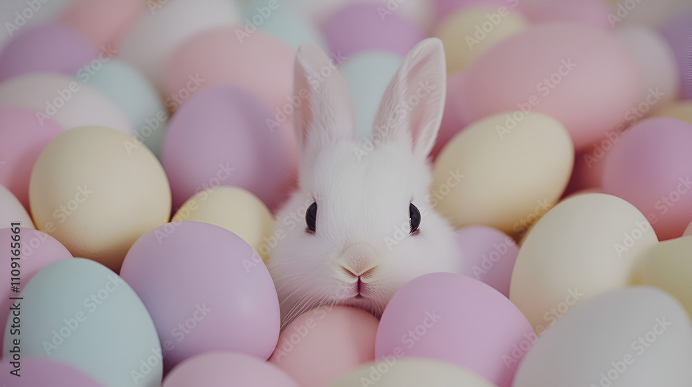 Fototapeta premium Adorable white bunny peeking from a colorful arrangement of pastel Easter eggs, evoking springtime joy and holiday celebrations.