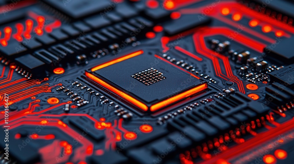 Material science and strength, A close-up view of a circuit board featuring intricate patterns, glowing with red and orange accents, highlighting its advanced technology. Material science and strength, A close-up view of a circuit board featuring intricate patterns, glowing with red and orange accents, highlighting its advanced technology.