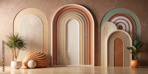 Abstract geometric archway wall with minimalist decor and warm tones