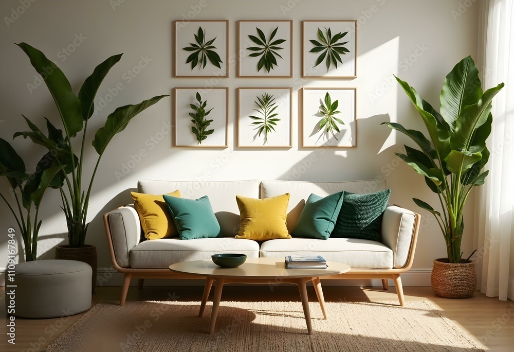 Fototapeta premium Interior of living room with green houseplants and sofas