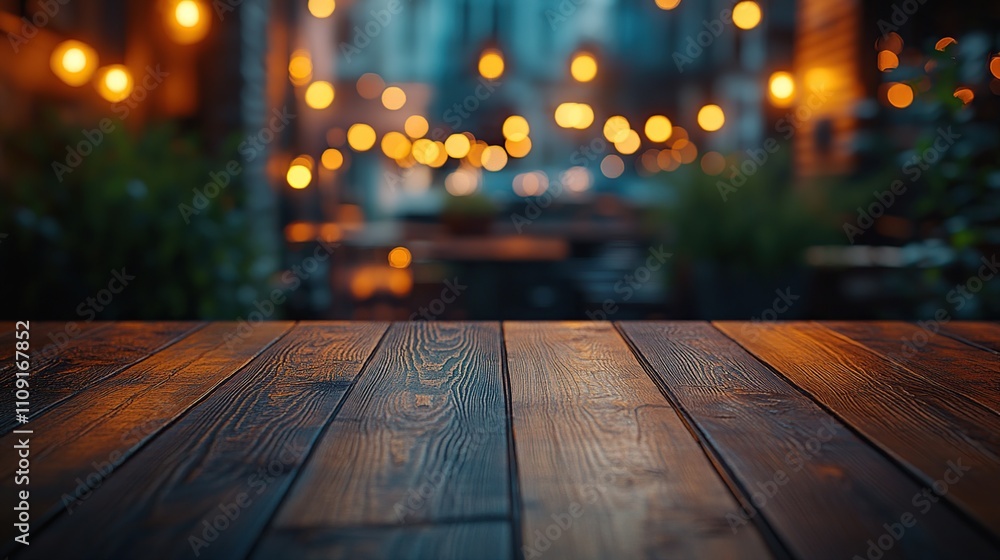 Dark wooden table in front of a blurry outdoor cafe at night with warm string lights. Dark wooden table in front of a blurry outdoor cafe at night with warm string lights.