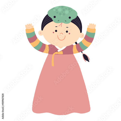 Cute girl in Korean clothes hanbok in snake hat character illustration. Hand drawn cartoon vector illustration. Flat style design. Seollal holiday card, poster, banner element