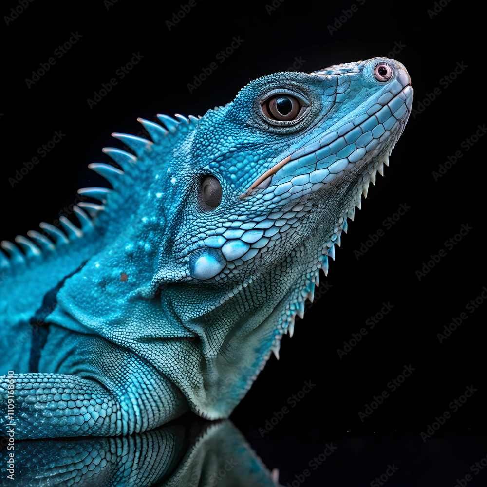 Obraz premium blue iguana closeup on reflection with black back