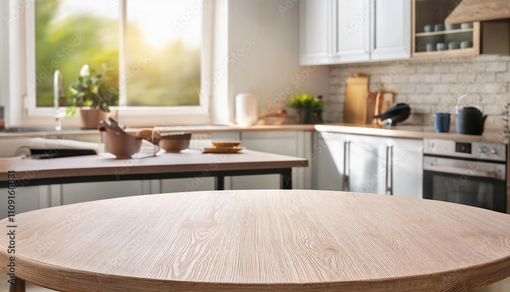 Fototapeta premium round kitchen table in front of blurred kitchenware furniture and window interior background