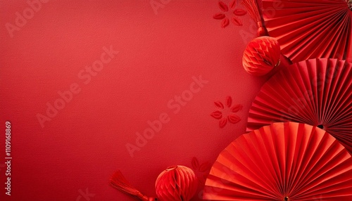 chinese new year celebration concept lunar new year banner design with red paper fans decorations on red background with copy space flat lay top view