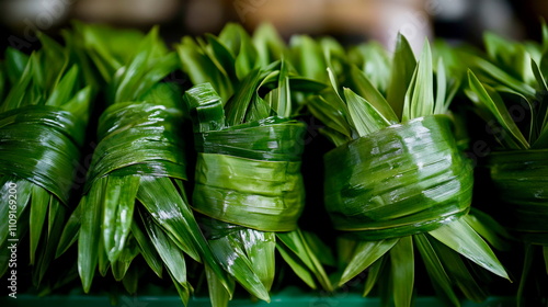 A close-up of green pandan leaves wrapped neatly around fragrant rice cakes photo