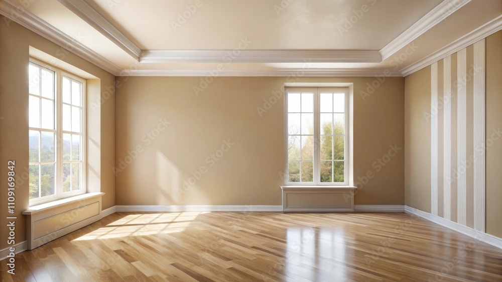 Fototapeta premium Empty room with hardwood floors, large windows, and decorative moldings on the walls and ceiling.