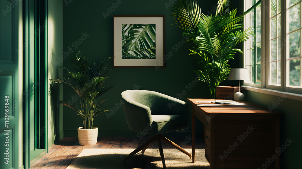 Serene Green Home Office with Tropical Plants and Sunlight Serene Green Home Office with Tropical Plants and Sunlight
