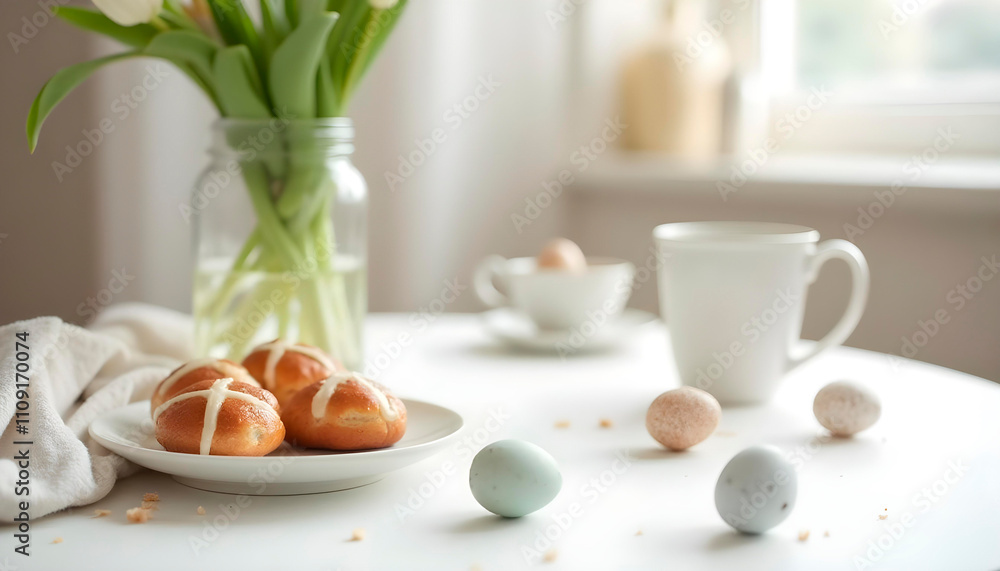 Spring table setting with tulips, Easter eggs, and pastries Spring table setting with tulips, Easter eggs, and pastries