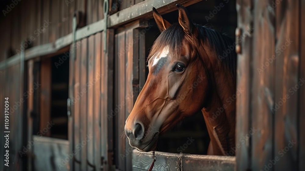 Obraz premium Cropped image of brown Thoroughbred horse in stable. Concept of rural rest and leisure. Green tourism. Idea of farm animal lifestyle