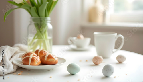 Wallpaper Mural Spring table setting with tulips, Easter eggs, and pastries Torontodigital.ca