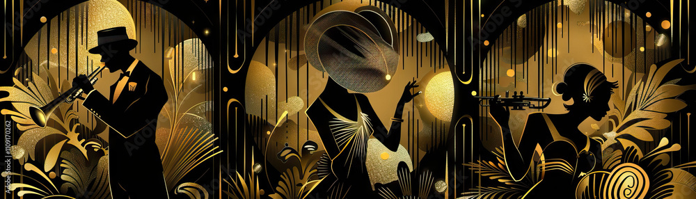 Fototapeta premium Jazz Age: Roaring twenties colors like art deco gold, speakeasy black, and flapper dress silver create a jazz age theme
