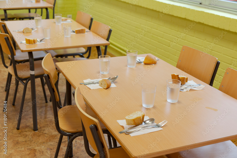 Tables prepared in a school restaurant of a public school. school canteen Tables prepared in a school restaurant of a public school. school canteen