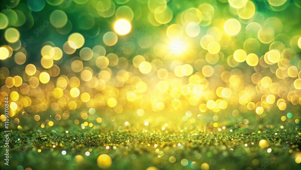 Obraz premium Abstract green and gold bokeh background with shimmering glitter
