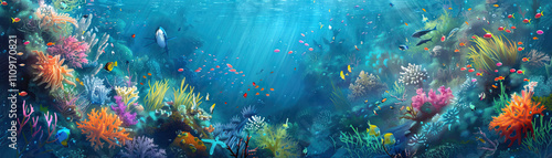 Ocean Adventure: Deep sea colors like ocean blue, coral reef orange, and seaweed green create an ocean adventure theme. This scheme is often used in ocean exploration documentaries photo