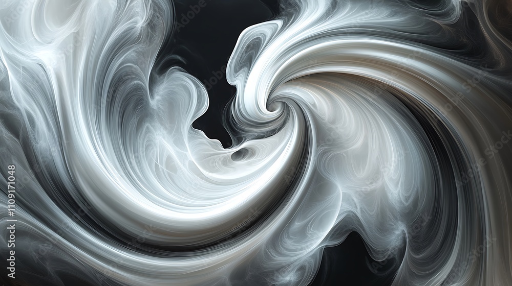 Obraz premium A dynamic swirl of vibrant pearlescent white and charcoal hues blending seamlessly with a misty texture, evoking a sense of energy and depth, set against a charcoal backdrop.