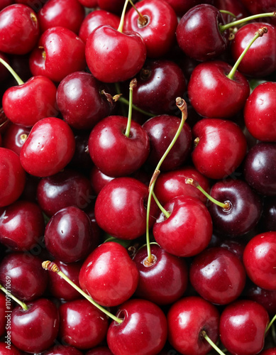 Heap of fresh red ripe juicy cherries isolated close up on white background