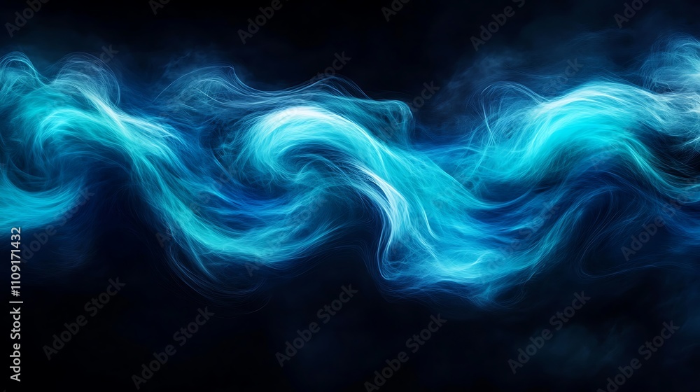 Obraz premium A dynamic swirl of vibrant navy blue and turquoise hues blending seamlessly with a misty texture, evoking a sense of energy and depth, set against a smoky black.