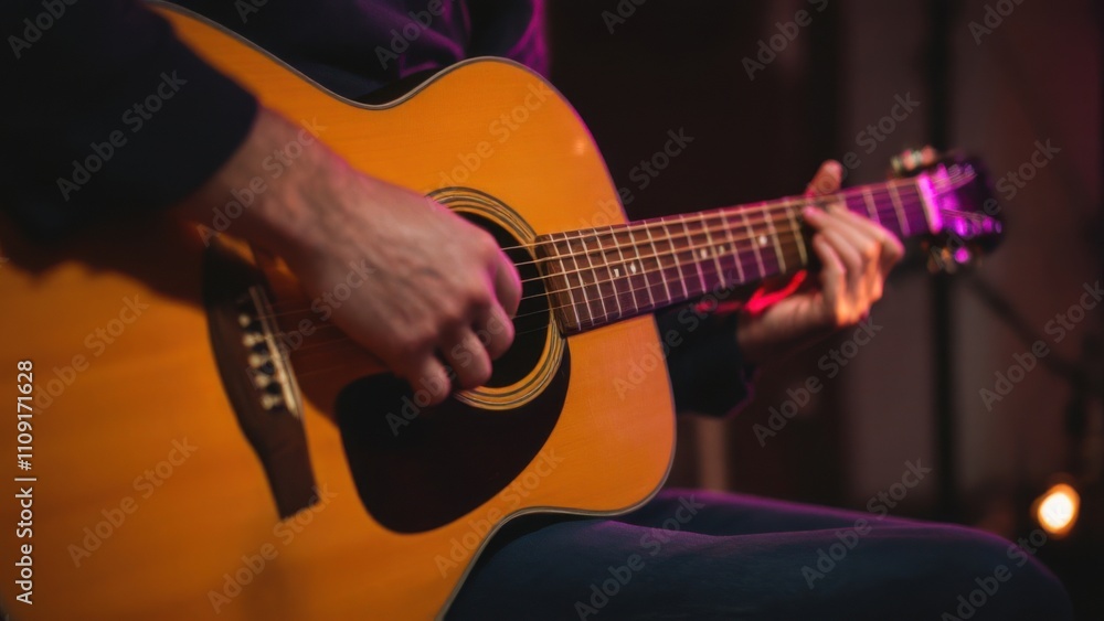 Fototapeta premium Musician playing an acoustic guitar on stage with warm lighting, perfect for music-themed projects, concert visuals, and creative design inspirations