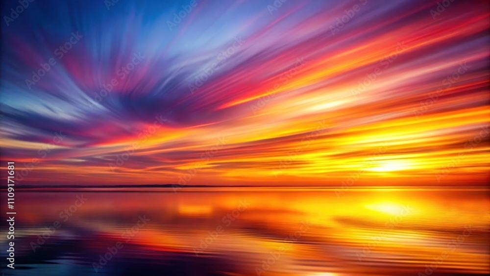 Fototapeta premium A vibrant, colorful sunset over a tranquil body of water, the sky ablaze with streaks of orange, pink, and purple hues, reflecting beautifully in the serene water.