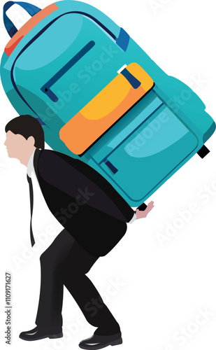 Businessman carrying heavy burden backpack walking struggling weight