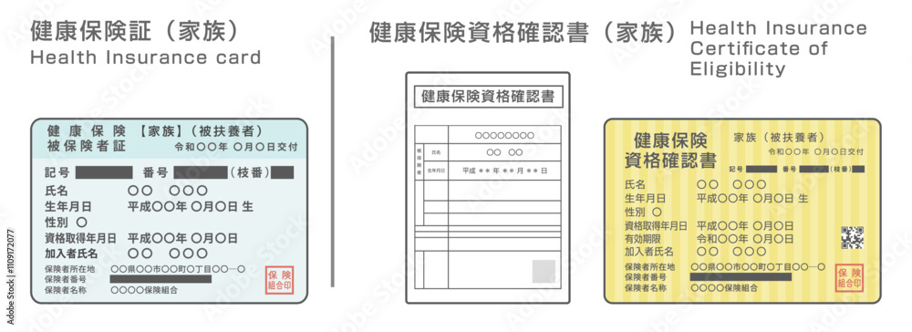 Fototapeta premium 従来の健康保険証と健康保険資格確認書のイメージイラスト（扶養家族の例）