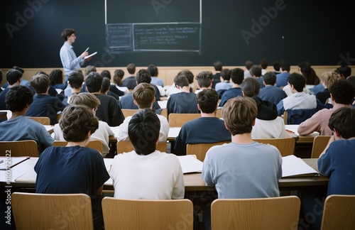 Wallpaper Mural A classroom scene showcasing students attentively listening to a teacher during a lecture. The focus is on education and learning in a traditional setting. Torontodigital.ca