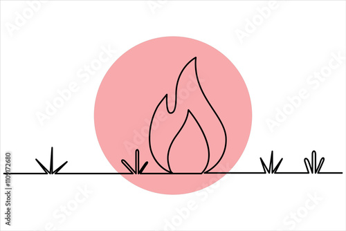 Continuous one line bonfire drawing and outline editable stroke