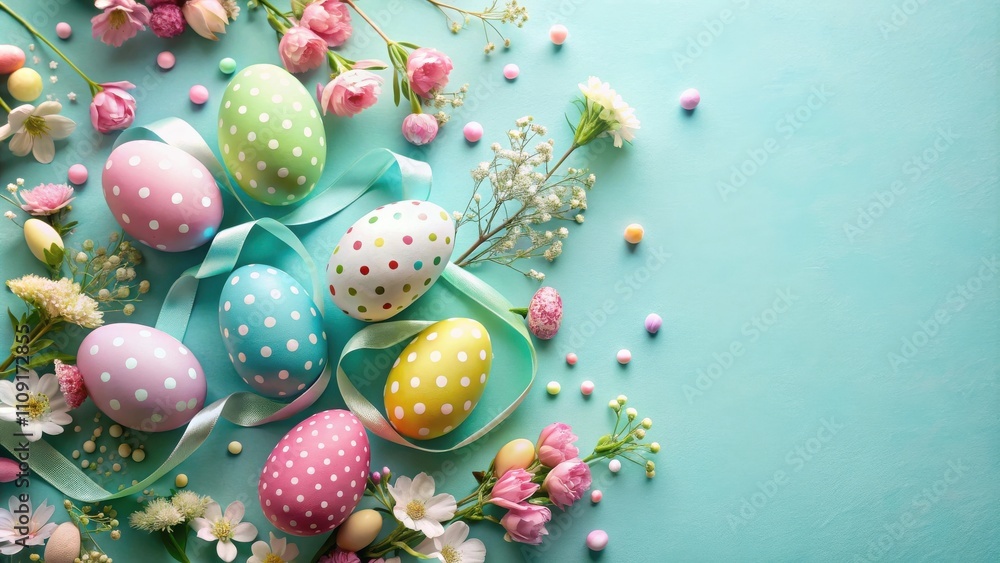 Festive Easter Eggs and Flowers on a Turquoise Background Festive Easter Eggs and Flowers on a Turquoise Background
